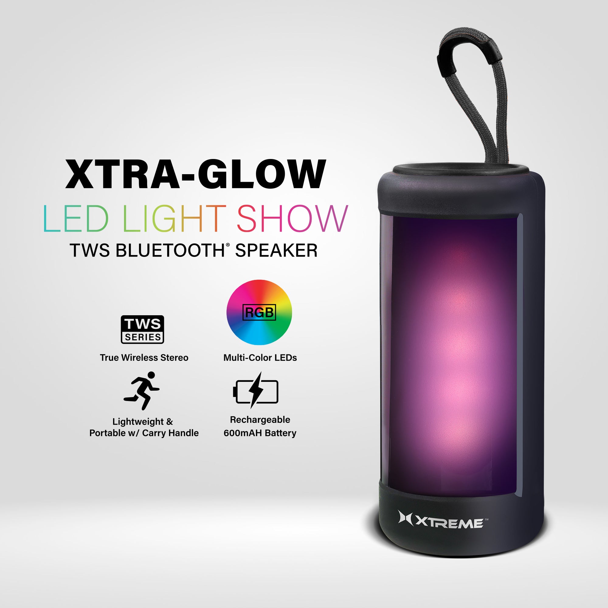 Xtra-Glow LED Light Show TWS Bluetooth Speaker, Portable Wireless RGB Multicolor Speaker with Integrated Carry Handle, Rechargeable 600mAh Battery