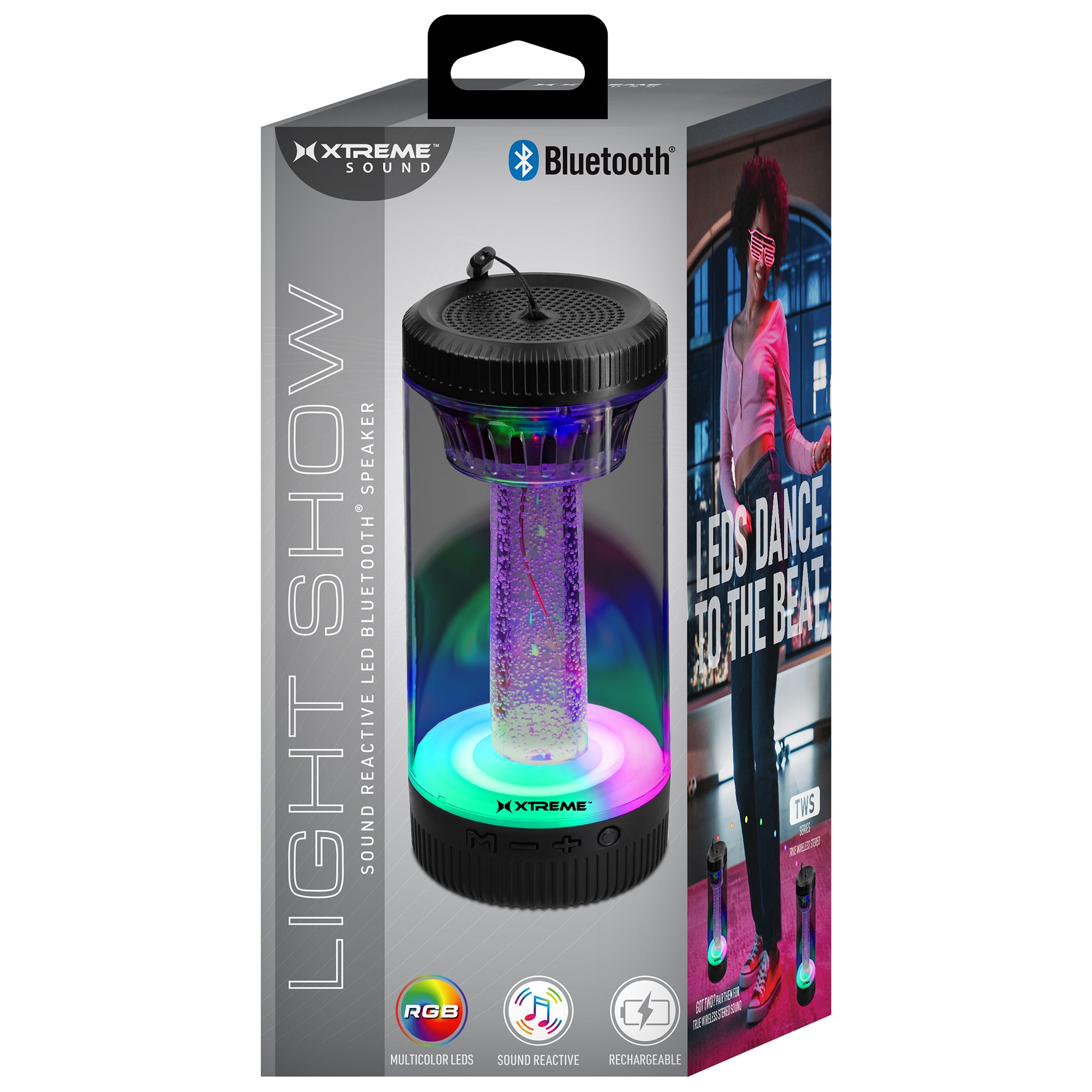 Light Show Sound-Reactive LED Bluetooth Speaker, Portable Wireless RGB Multicolor Cylinder Speaker with TWS True Wireless Stereo, Built-In Rechargeable Battery