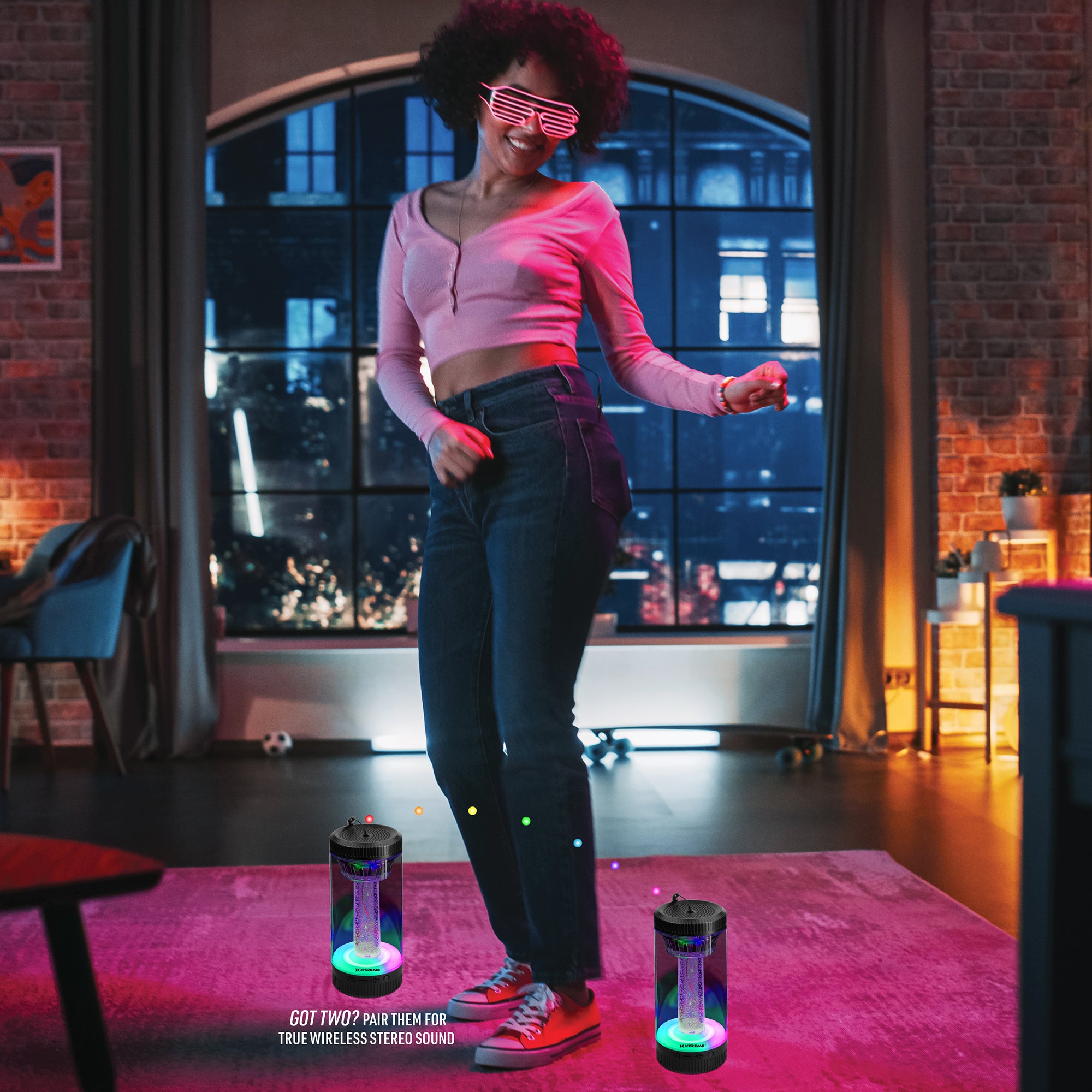 Light Show Sound-Reactive LED Bluetooth Speaker, Portable Wireless RGB Multicolor Cylinder Speaker with TWS True Wireless Stereo, Built-In Rechargeable Battery