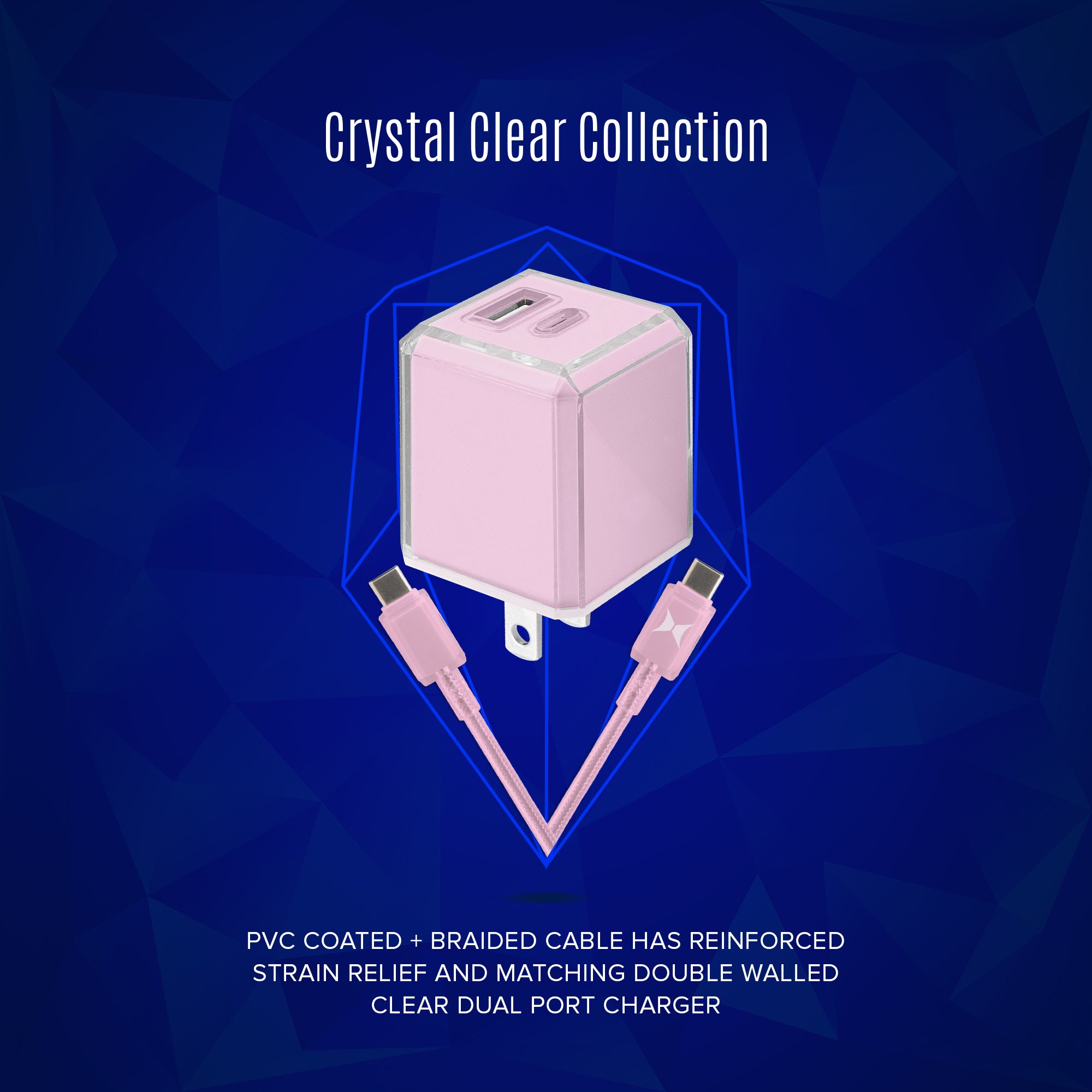 20W Dual Port Fast Charging Bundle, 20W PD USB-C & 18W Quick Charge USB-A Wall Charger block with 4ft USB-C to USB-C PVC Coated Cable, Crystal Clear Collection (Pink)