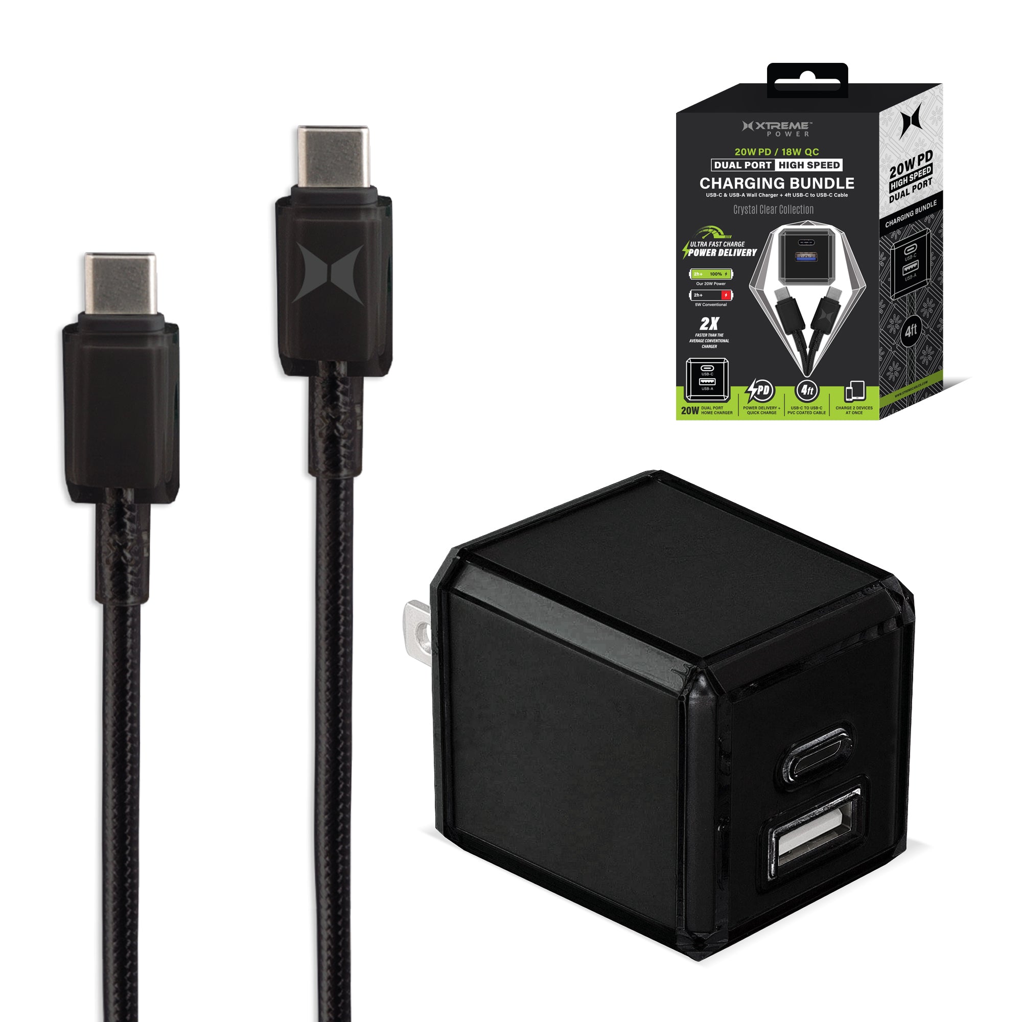 20W Dual Port Fast Charging Bundle, 20W PD USB-C & 18W Quick Charge USB-A Wall Charger block with 4ft USB-C to USB-C PVC Coated Cable, Crystal Clear Collection (Black)