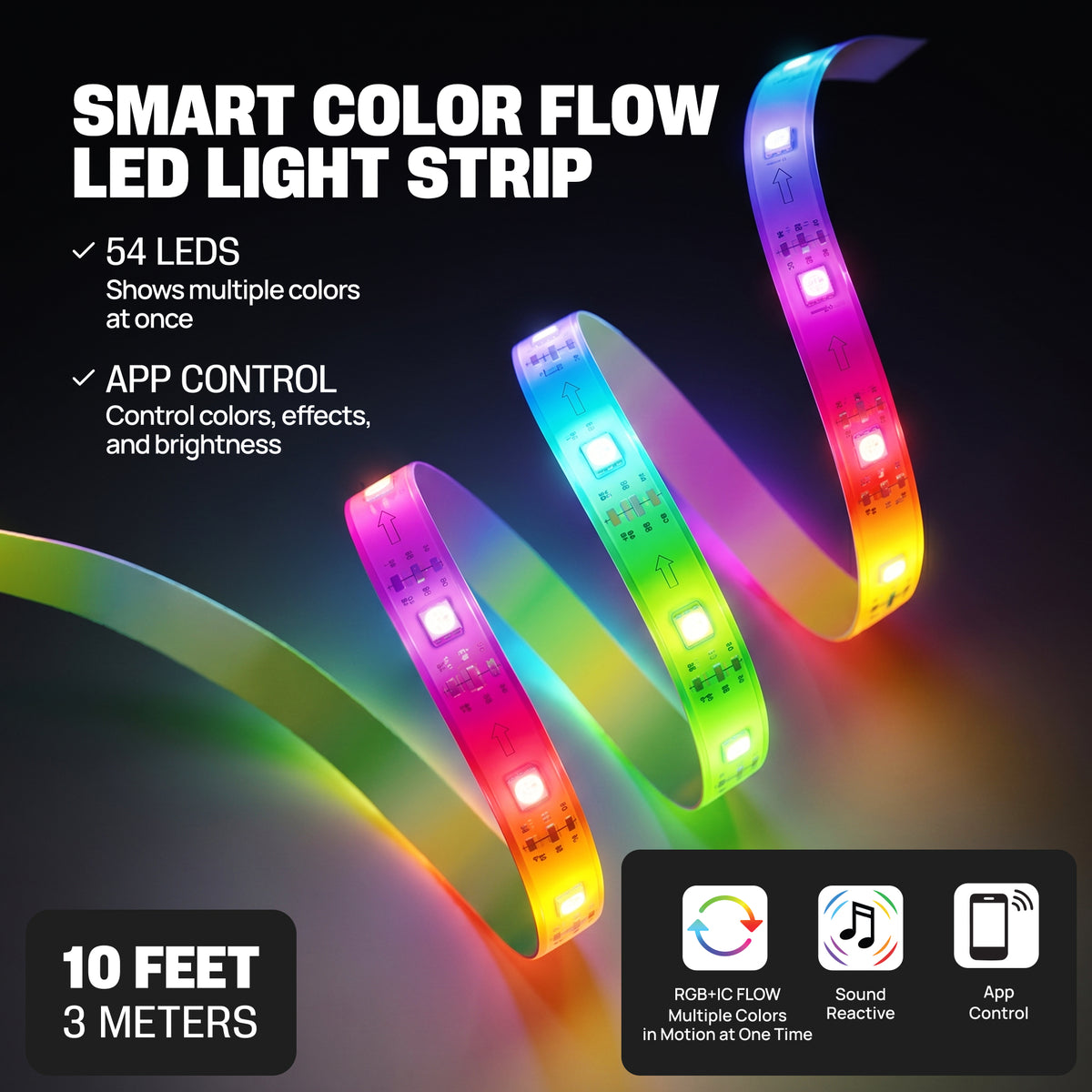 Smart Color Flow LED Light Strip, 10 ft. RGB+IC App-Controlled Music-Sync Accent Lighting