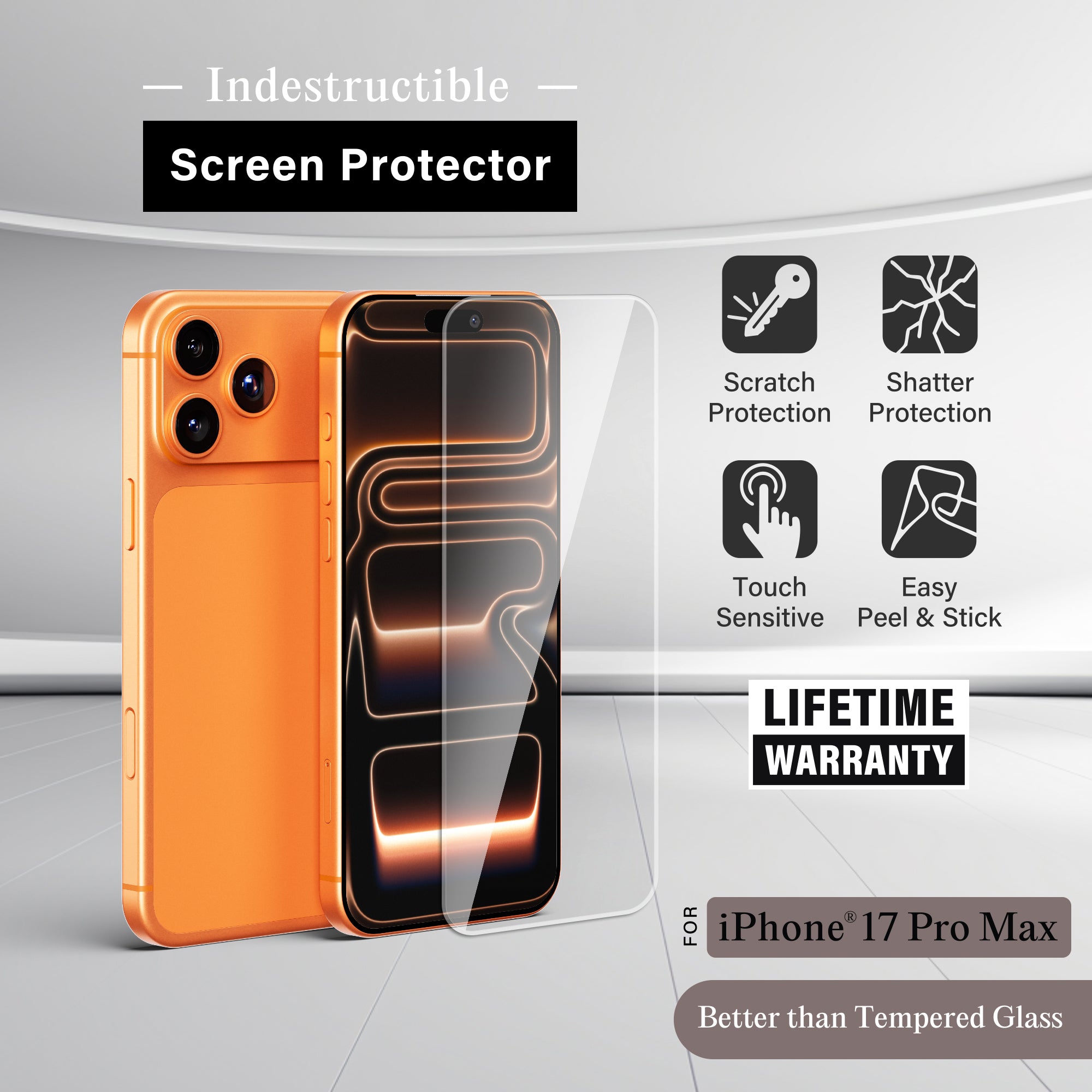 Premium Indestructible Screen Protector for iPhone 17 Pro Max, Shatterproof & Scratch Resistant Glass Film, Touch Sensitive Easy Peel & Stick Installation