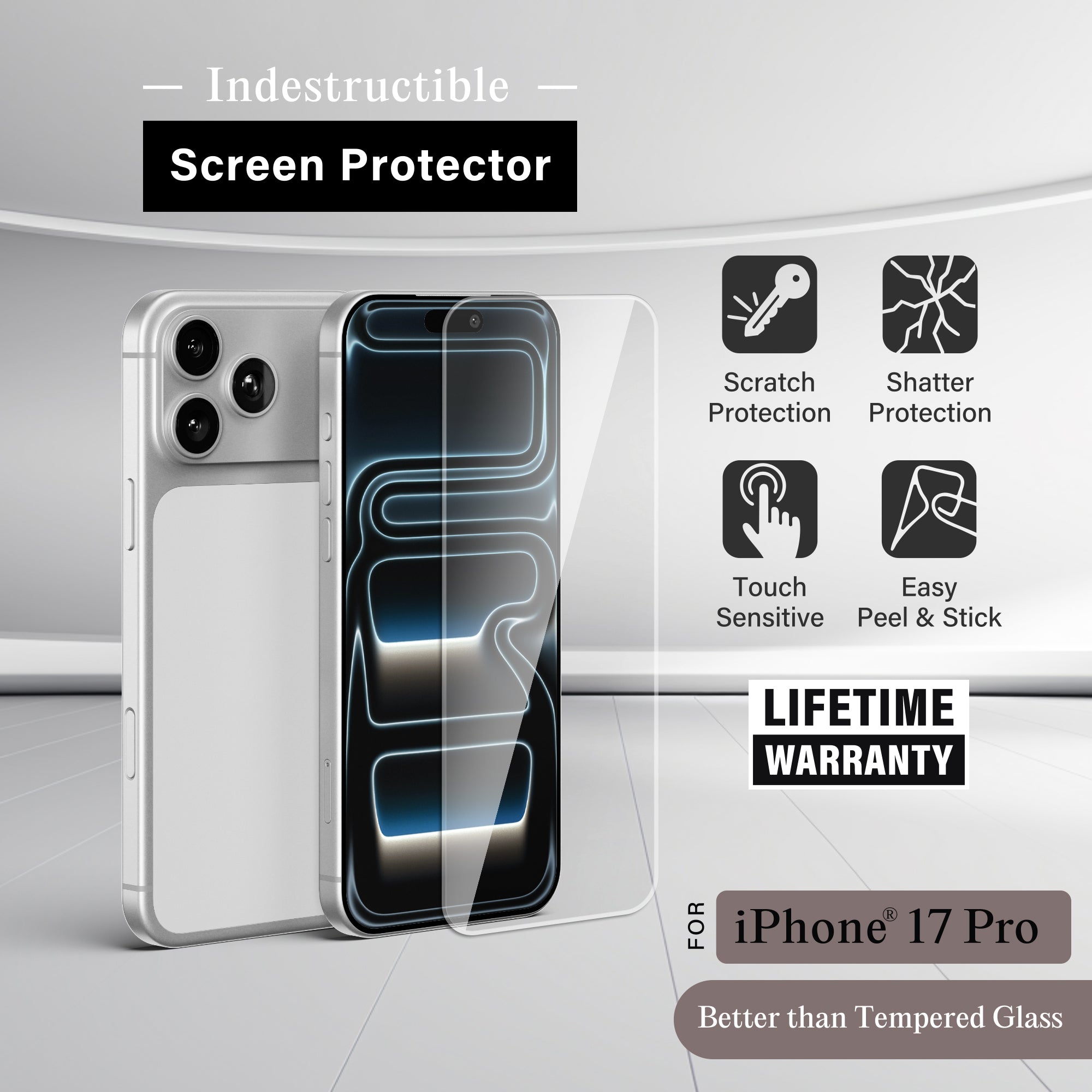 Premium Indestructible Screen Protector for iPhone 17 Pro, Shatterproof & Scratch Resistant Glass Film, Touch Sensitive Easy Peel & Stick Installation