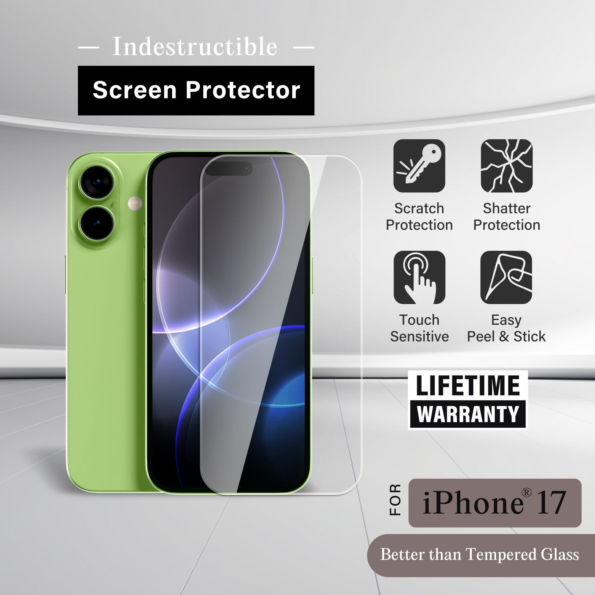 Premium Indestructible Screen Protector for iPhone 17, Shatterproof & Scratch Resistant Glass Film, Touch Sensitive Easy Peel & Stick Installation