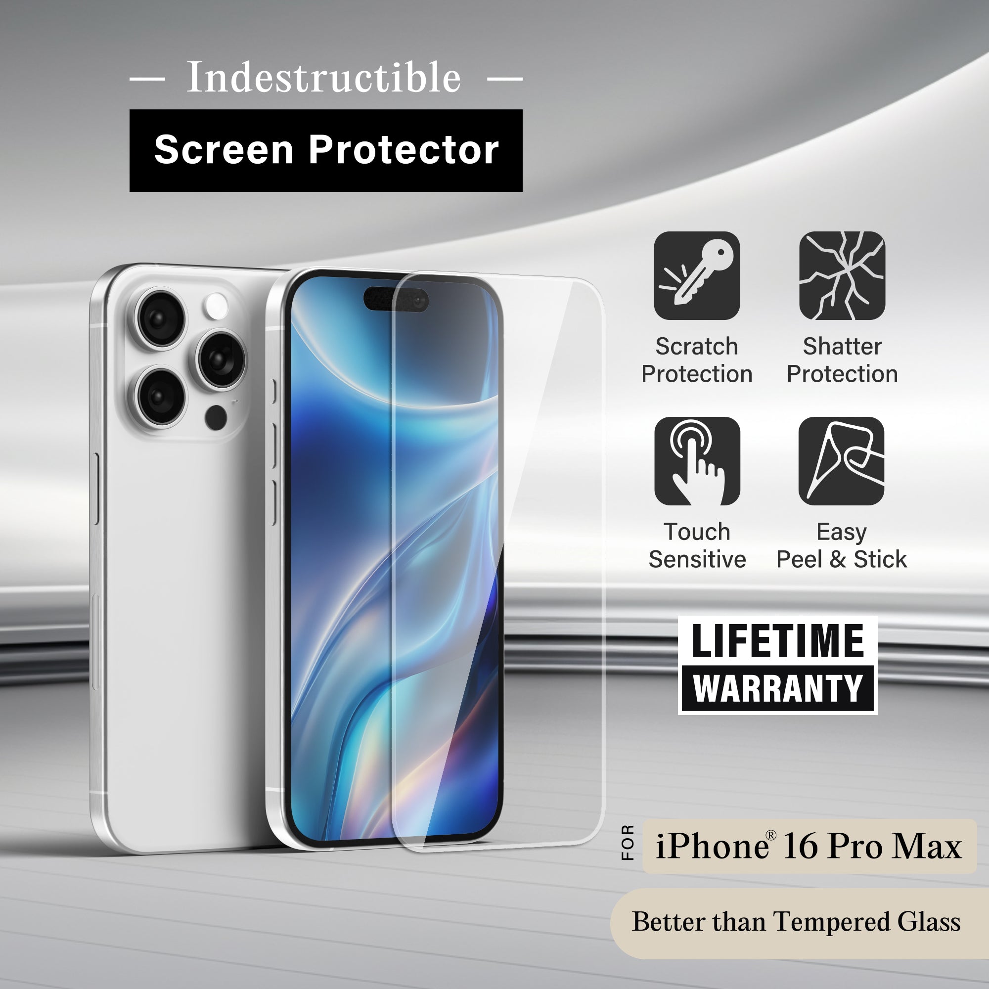 Premium Indestructible Screen Protector for iPhone 16 Pro Max, Shatterproof & Scratch Resistant Glass Film, Touch Sensitive Easy Peel & Stick Installation