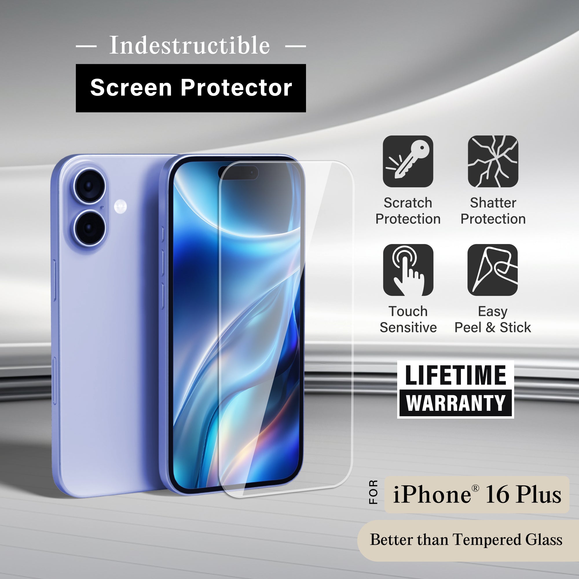 Premium Indestructible Screen Protector for iPhone 16 Plus, Shatterproof & Scratch Resistant Glass Film, Touch Sensitive Easy Peel & Stick Installation