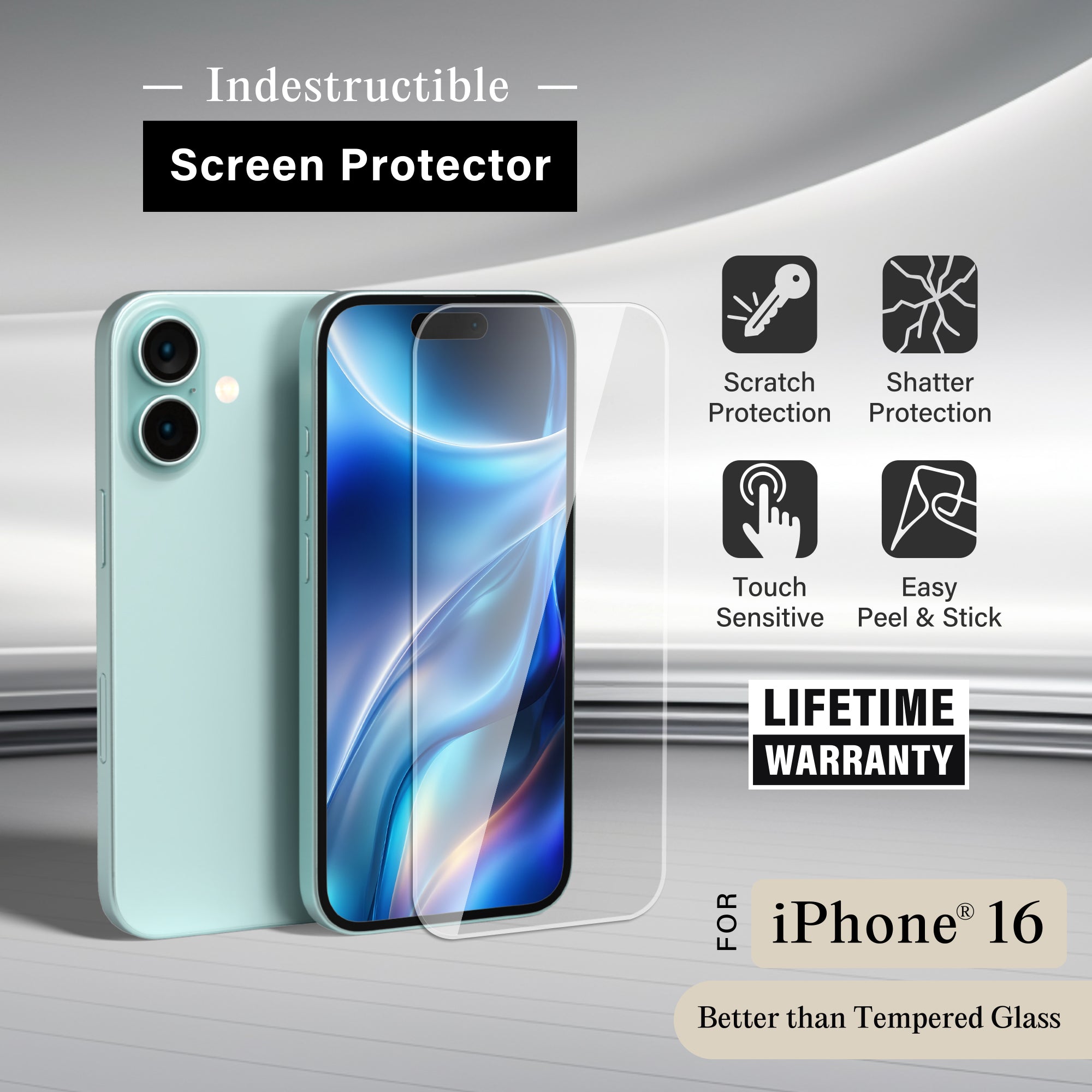 Premium Indestructible Screen Protector for iPhone 16, Shatterproof & Scratch Resistant Glass Film, Touch Sensitive Easy Peel & Stick Installation