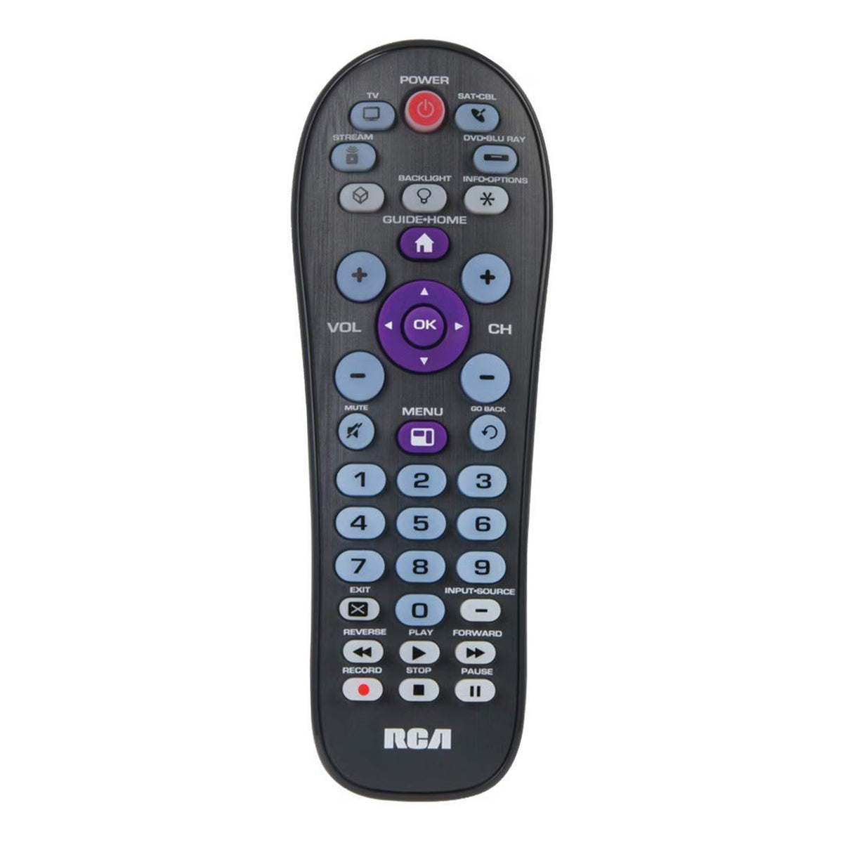 RCA 4-Device Universal Remote Control for TV, Streaming Player, Cable/Satellite & DVD/Blu-ray, Large Guide/Home Button, Black