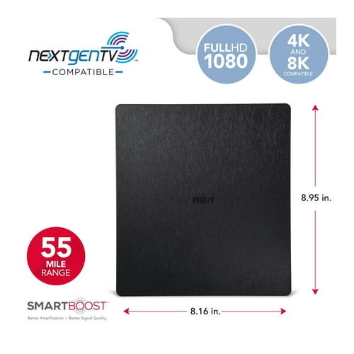 RCA Amplified Indoor HDTV Antenna, 50-Mile Range, Multi-Directional UHF/VHF Reception, Flat Design for 4K & 1080p TV