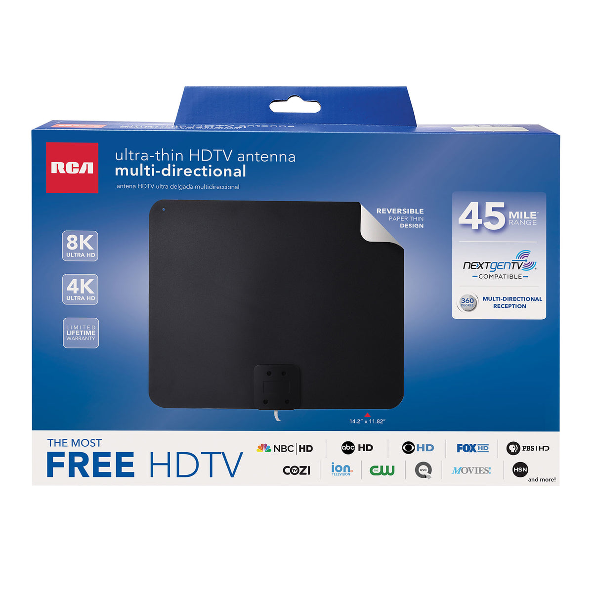 45-Mile Range Reception Amplified UHF VHF HDTV Ultra-Thin 360° Multi-Directional Digital Indoor Antenna