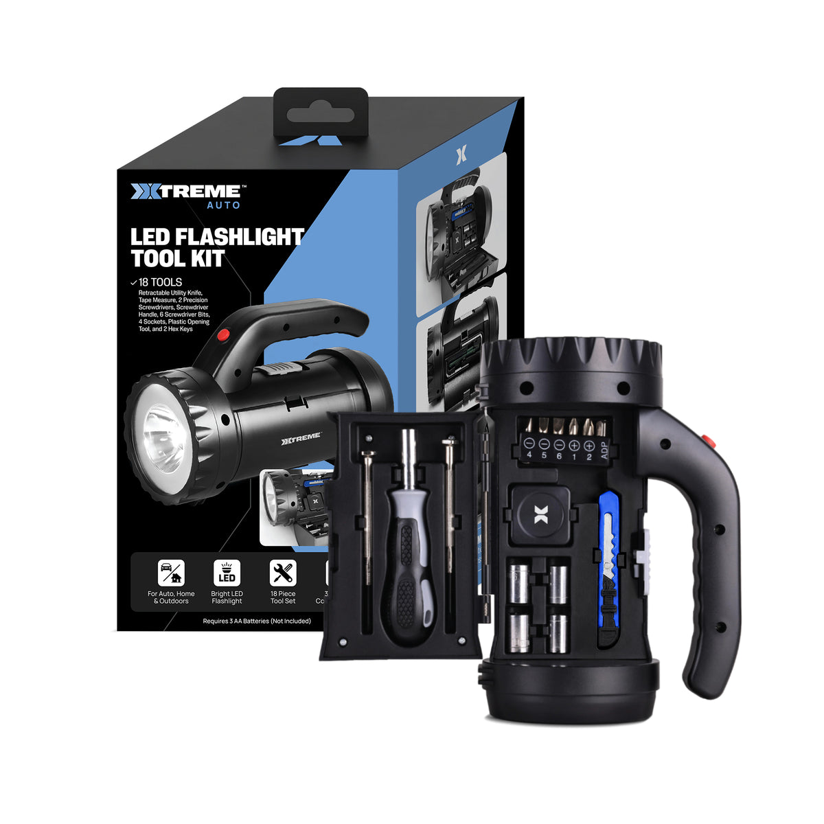 Xtreme Auto LED Flashlight Tool Kit, 18-Piece Emergency Repair Set with Screwdriver Bits, Sockets, Utility Knife, Tape Measure & Storage Compartments