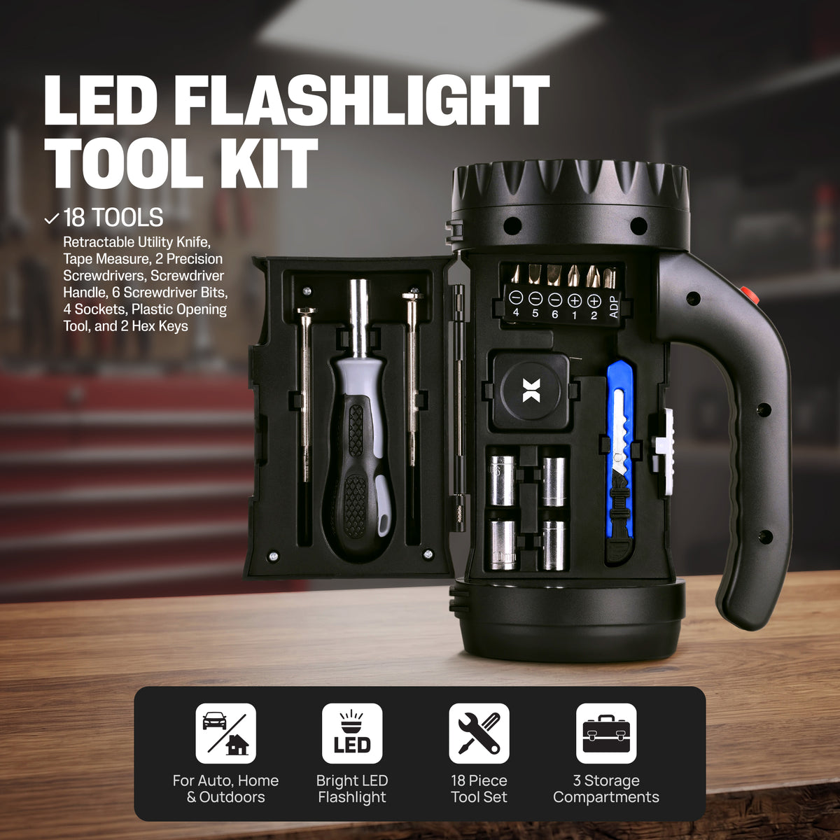 Xtreme Auto LED Flashlight Tool Kit, 18-Piece Emergency Repair Set with Screwdriver Bits, Sockets, Utility Knife, Tape Measure & Storage Compartments