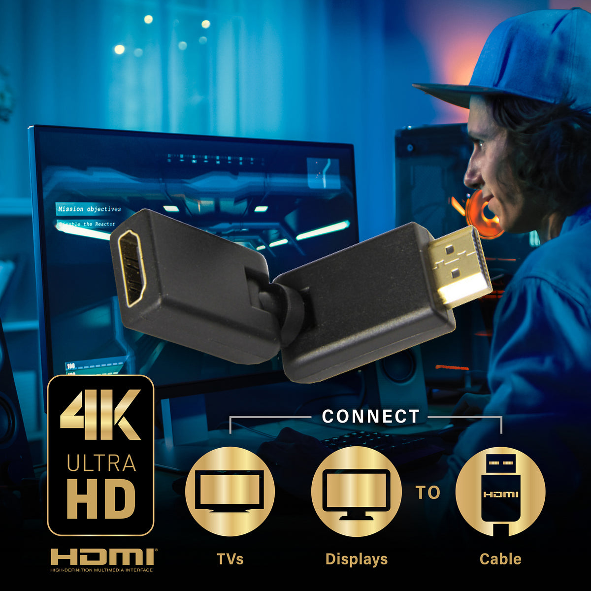 HDMI Free-Angle Adaptor, 90 Degree and 270 Degree HDMI Adapter, 4K Male to Female Cable with Gold Plated Adaptors, Multi-Angle Adapter for HD TVs, Projectors, Desktops, LCD Screens, & More