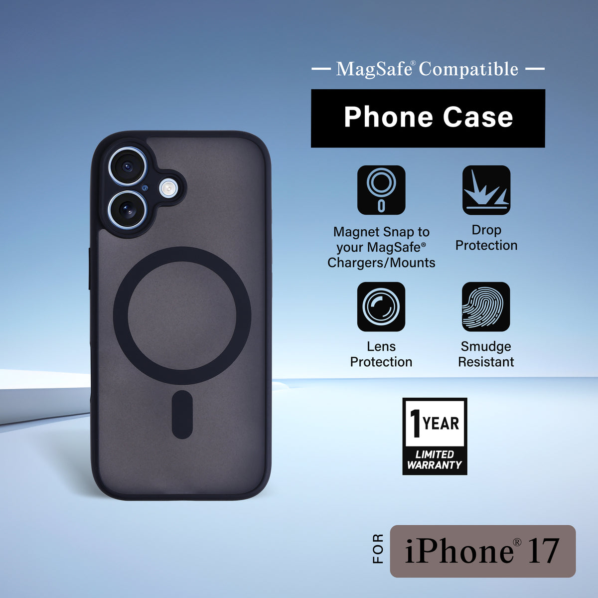 iPhone 17 Protective Phone Case, Shock-Absorbing Slim Cover with Raised Screen & Camera Edges, Black