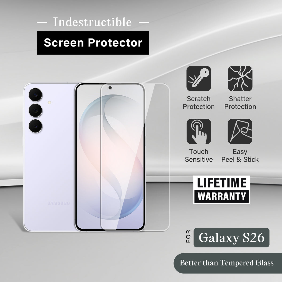 Indestructible Screen Protector for Samsung Galaxy S26, Shatterproof & Scratch Resistant Glass Film Guard, Touch Sensitive Easy Peel & Stick