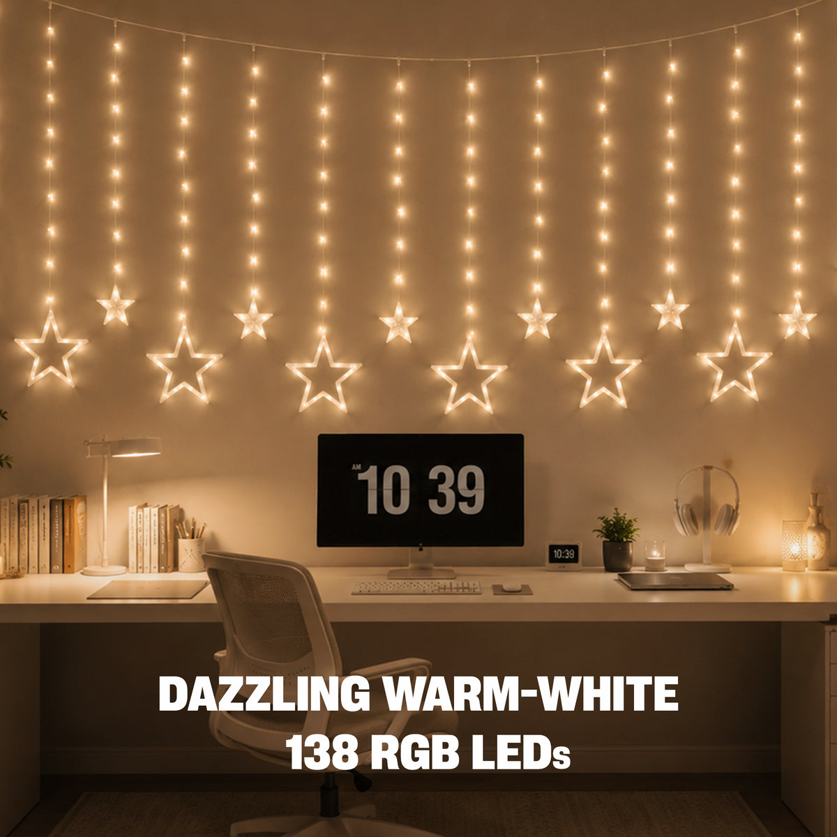 8 ft. Twinkle Star Curtain Lights, 138 Warm White LEDs with 6 Large & 6 Small Hanging Stars, Solid and Twinkle Modes