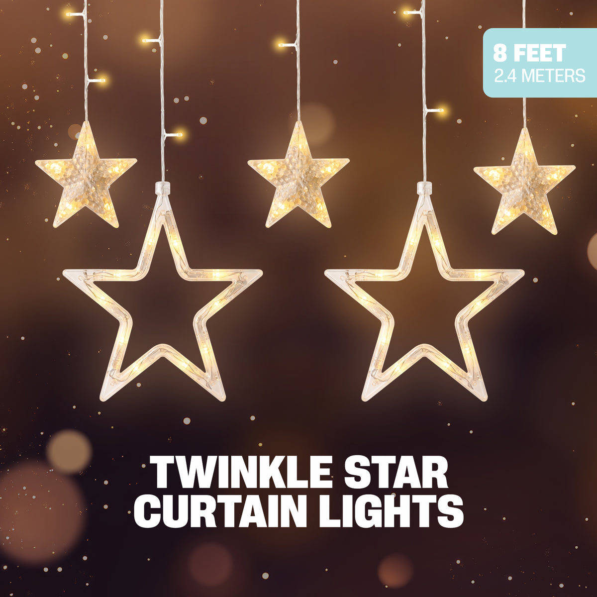 8 ft. Twinkle Star Curtain Lights, 138 Warm White LEDs with 6 Large & 6 Small Hanging Stars, Solid and Twinkle Modes