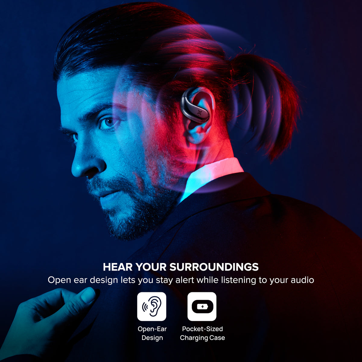 Sound Stryd Open-Ear True Wireless Bluetooth Earbuds with Charging Case, Touch Controls & 6-Hour Playtime, Black