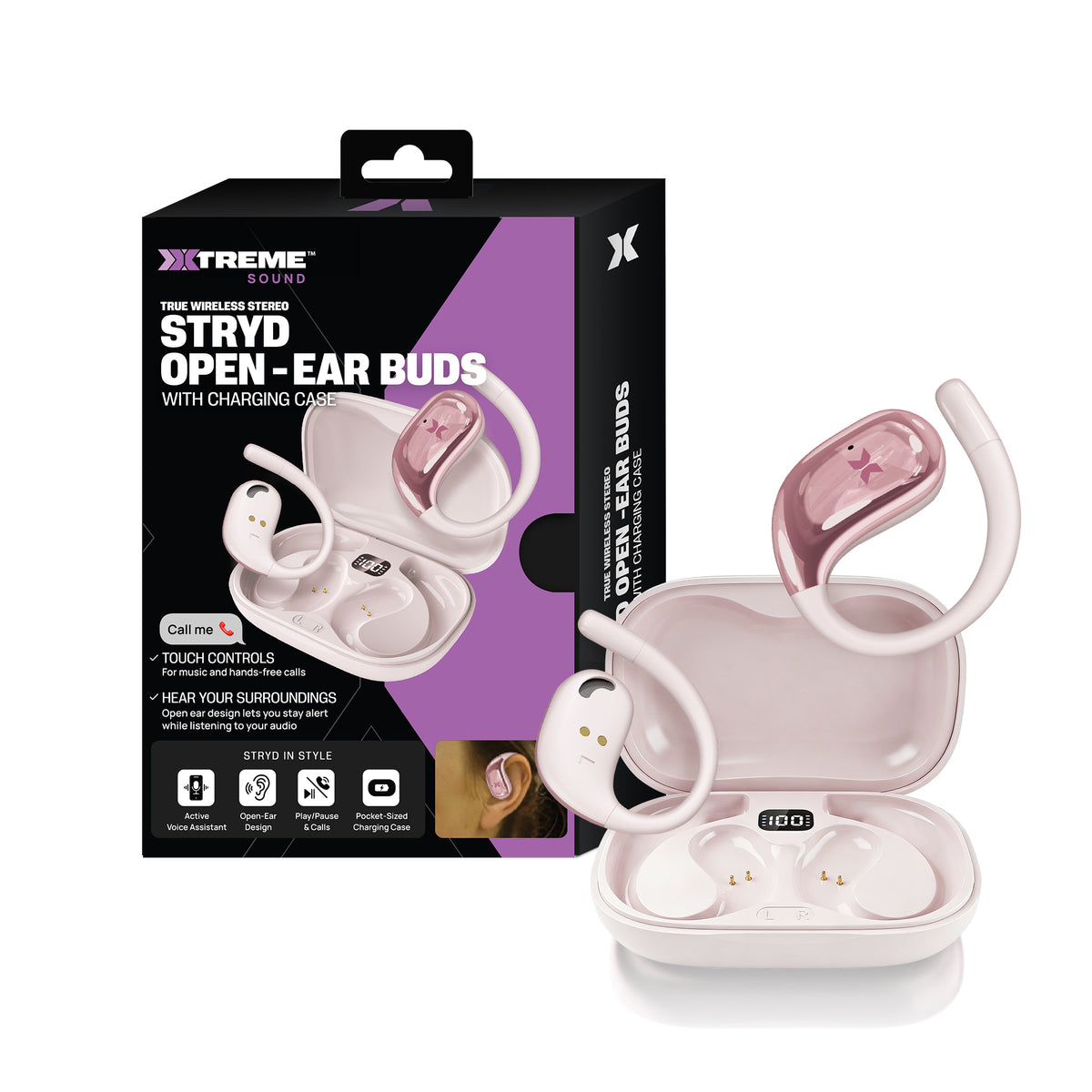 Sound Stryd Open-Ear True Wireless Bluetooth Earbuds with Charging Case, Touch Controls & 6-Hour Playtime, Rose Gold