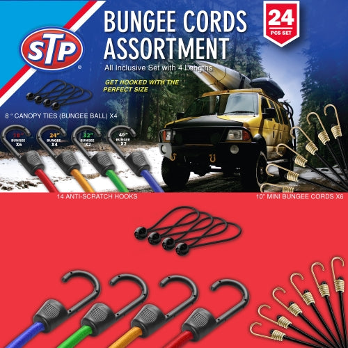 STP Bungee Cords with Hooks Set, 24 Heavy Duty Outdoor Bungee Cords, 2 x 40” in, 2 x 32” in, 4 x 24” in, 6 x 18” in, 6 x 10”, 4 x 8’