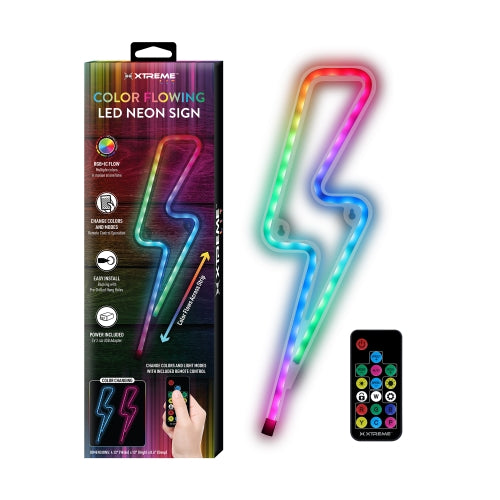 13" Lightning Bolt Multi-Color LED Neon Sign – RGB Color Flow Wall Art with Remote Control, USB Powered, and Shatterproof Design