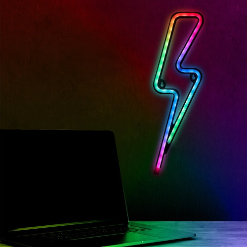 13" Lightning Bolt Multi-Color LED Neon Sign – RGB Color Flow Wall Art with Remote Control, USB Powered, and Shatterproof Design