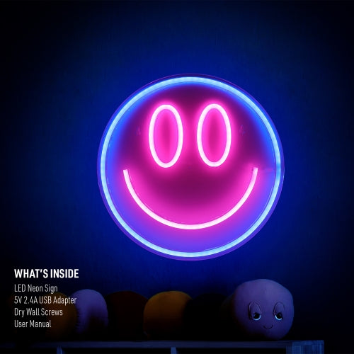 13" x 13" Retro Smiley Face LED Neon Sign – Vibrant Yellow Wall Decor with USB Power & Easy-Hang Mounting for Bedrooms, Offices, and Gamerooms