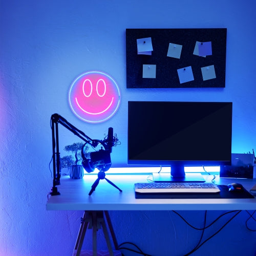 13" x 13" Retro Smiley Face LED Neon Sign – Vibrant Yellow Wall Decor with USB Power & Easy-Hang Mounting for Bedrooms, Offices, and Gamerooms