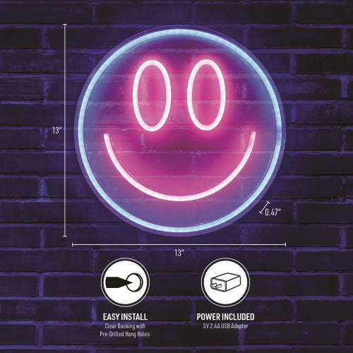 13" x 13" Retro Smiley Face LED Neon Sign – Vibrant Yellow Wall Decor with USB Power & Easy-Hang Mounting for Bedrooms, Offices, and Gamerooms