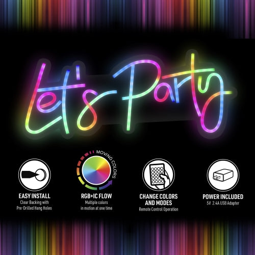 "Let's Party" Multi-Color LED Neon Sign – 23" Large Decorative Wall Light with USB Power and Easy Mount Design for Events, Game Rooms, and Home Decor