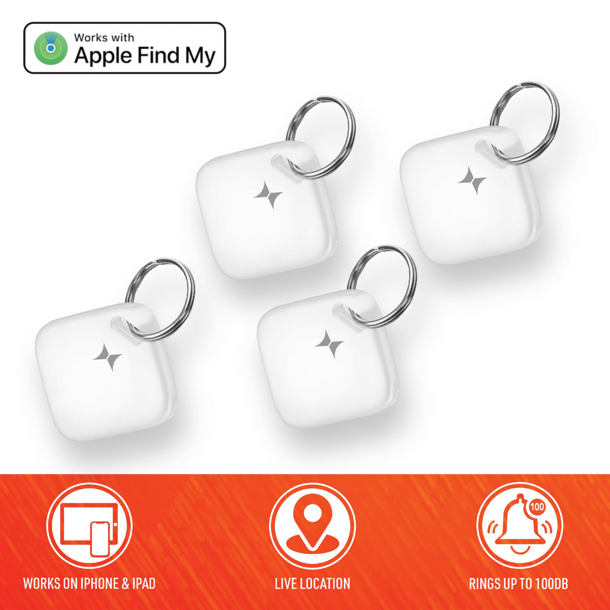 Xtreme Locator Tag 4-Pack Compatible with Apple Find My App (iOS only) Bluetooth Item Finder with Keychain, Key Finder, Live Location Tracker, 100dB Alert Ring, for Wallet, Keys, Pets, & Suitcases