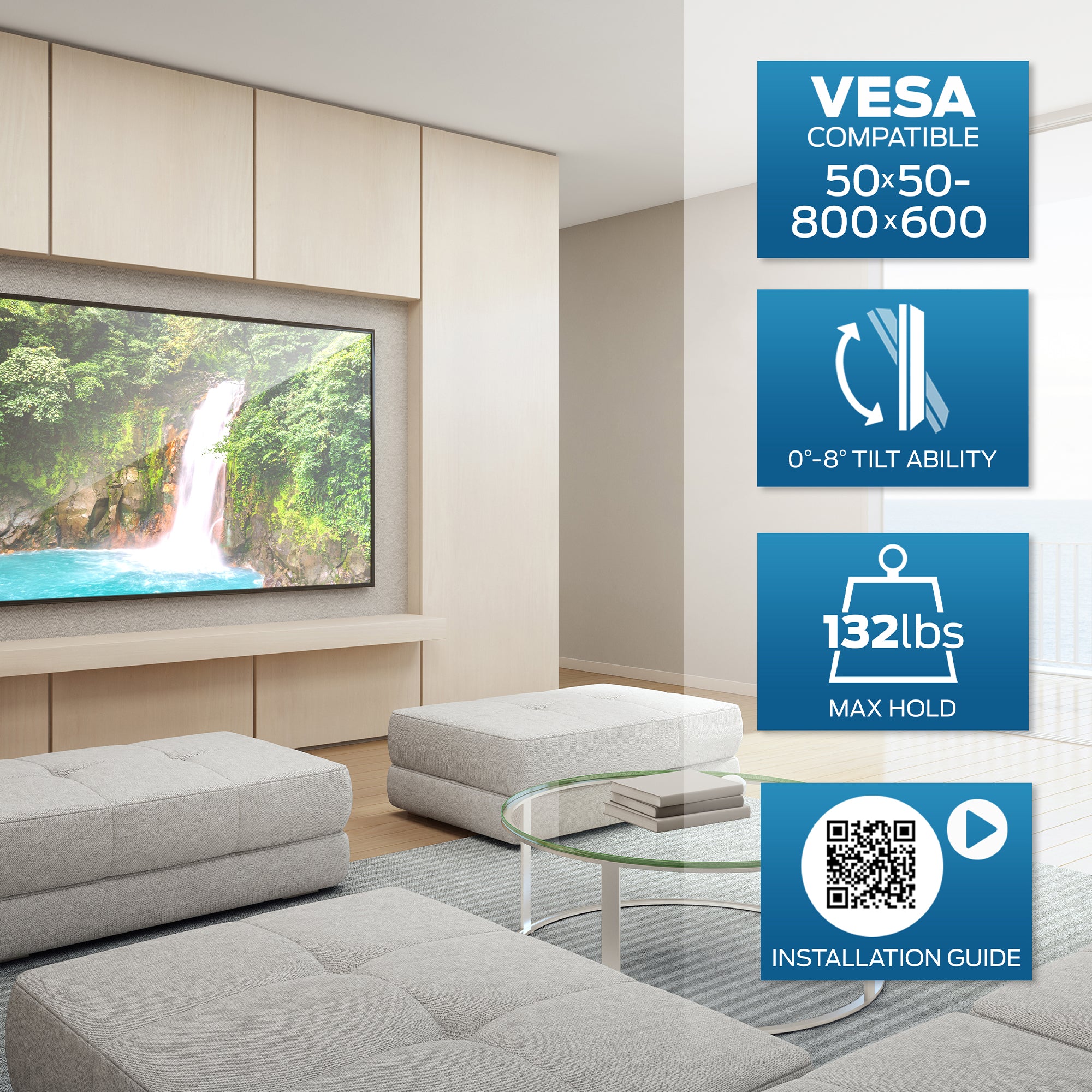 Tilt Motion Wall Mount for 42-90 Inch Flat-Panel TVs, Tilts, Holds 132 lbs