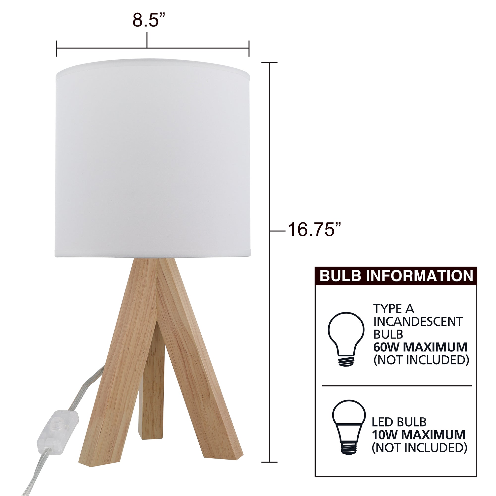 Tripod Oak Table Lamp with Classic White Fabric Shade, 16.75"H, One Size