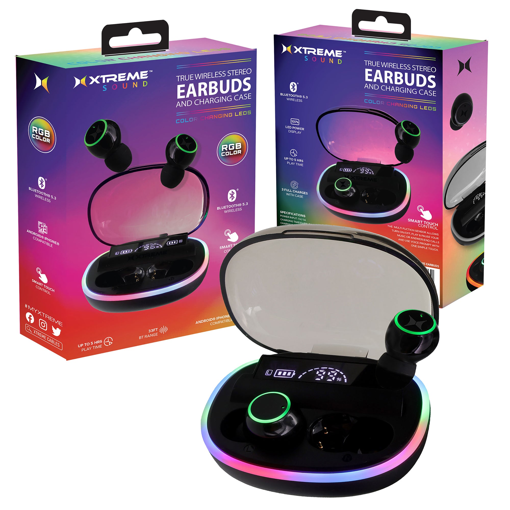 Sound True Wireless Stereo Earbuds with RGB Color Changing LEDs, Smart Touch Control, Bluetooth 5.3, and 15-Hour Playtime Charging Case