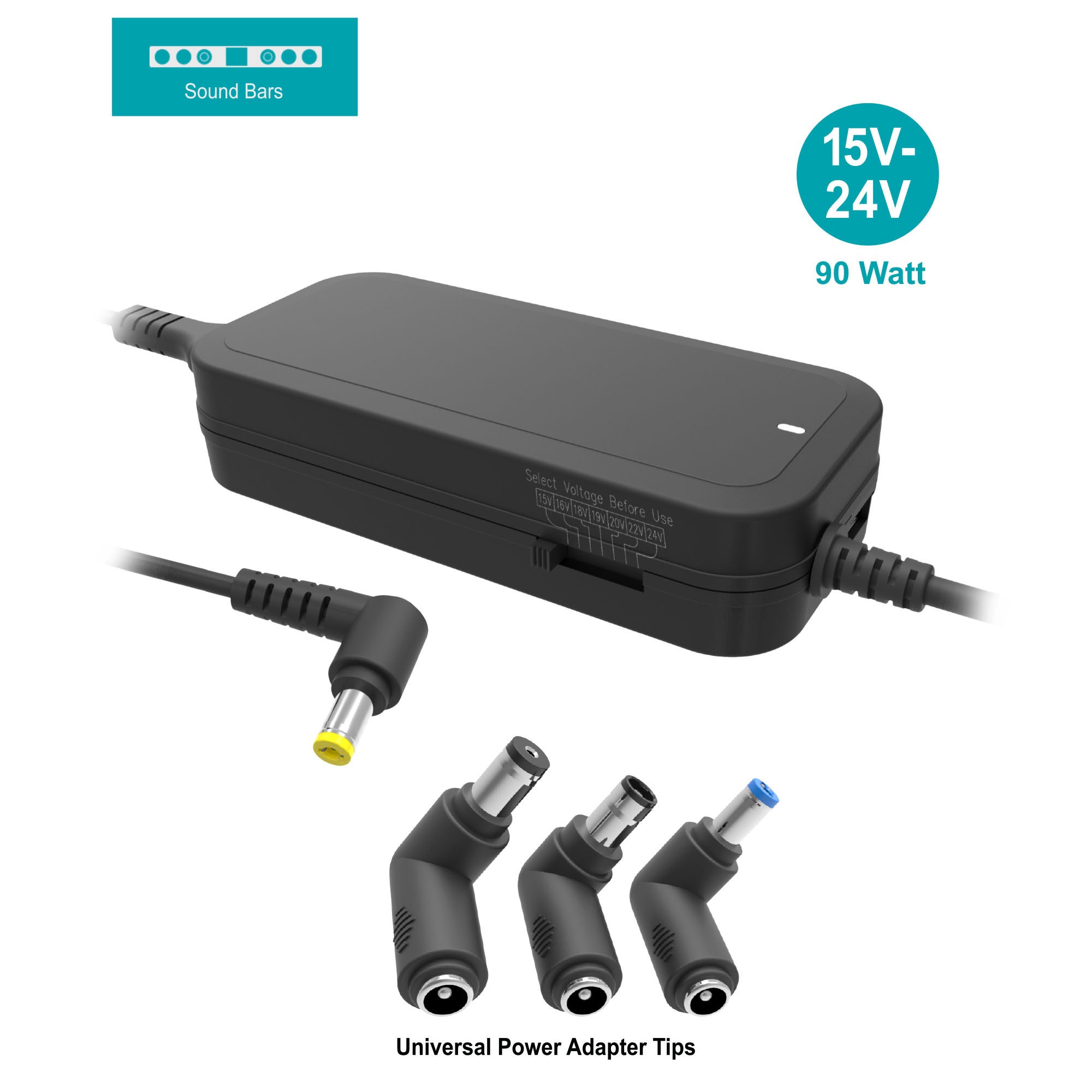 Universal Soundbar Power Adapter with Variable Voltage (12V-24V) - Xtreme 90W Power Cord with 3 Tips, Dual USB Ports & Surge Protection