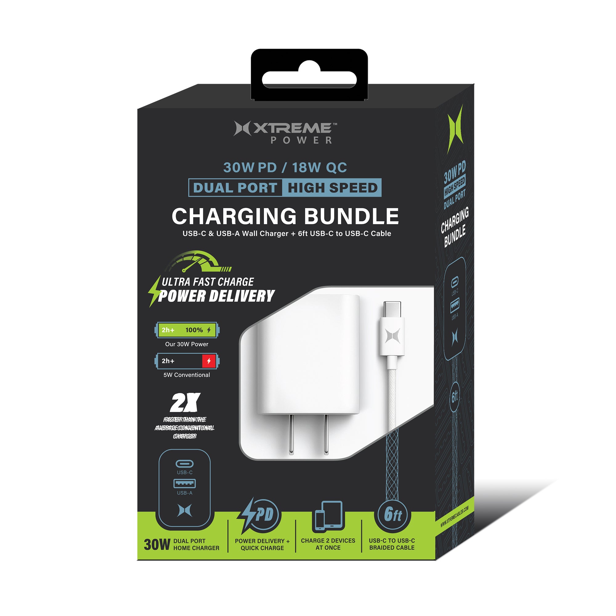 30W Dual Port Fast Charging Bundle, 30W Power Delivery USB-C & 18W Quick Charge USB-A Wall Charger Adapter Block with 6ft USB-C to USB-C Braided Cable