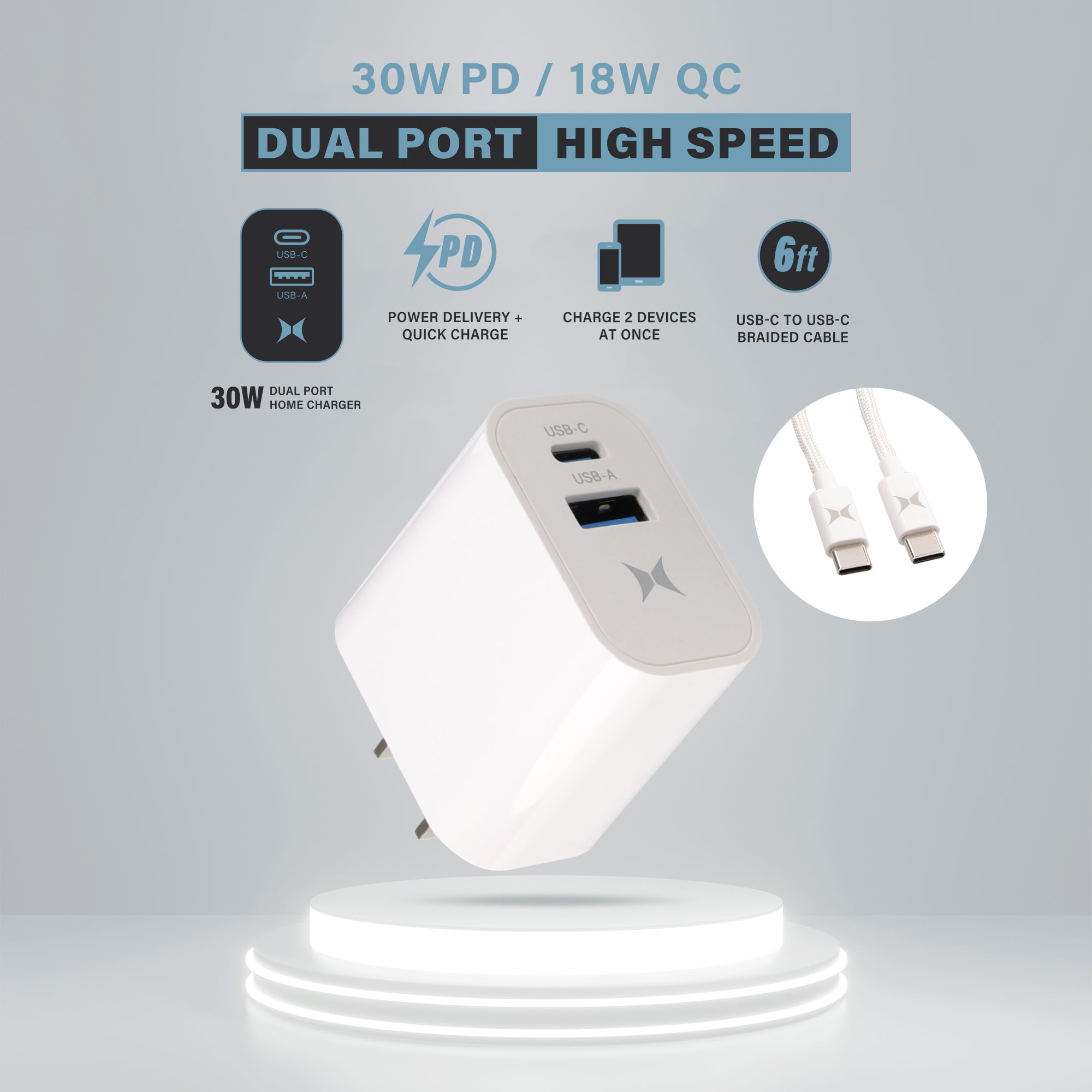 30W Dual Port Fast Charging Bundle, 30W Power Delivery USB-C & 18W Quick Charge USB-A Wall Charger Adapter Block with 6ft USB-C to USB-C Braided Cable