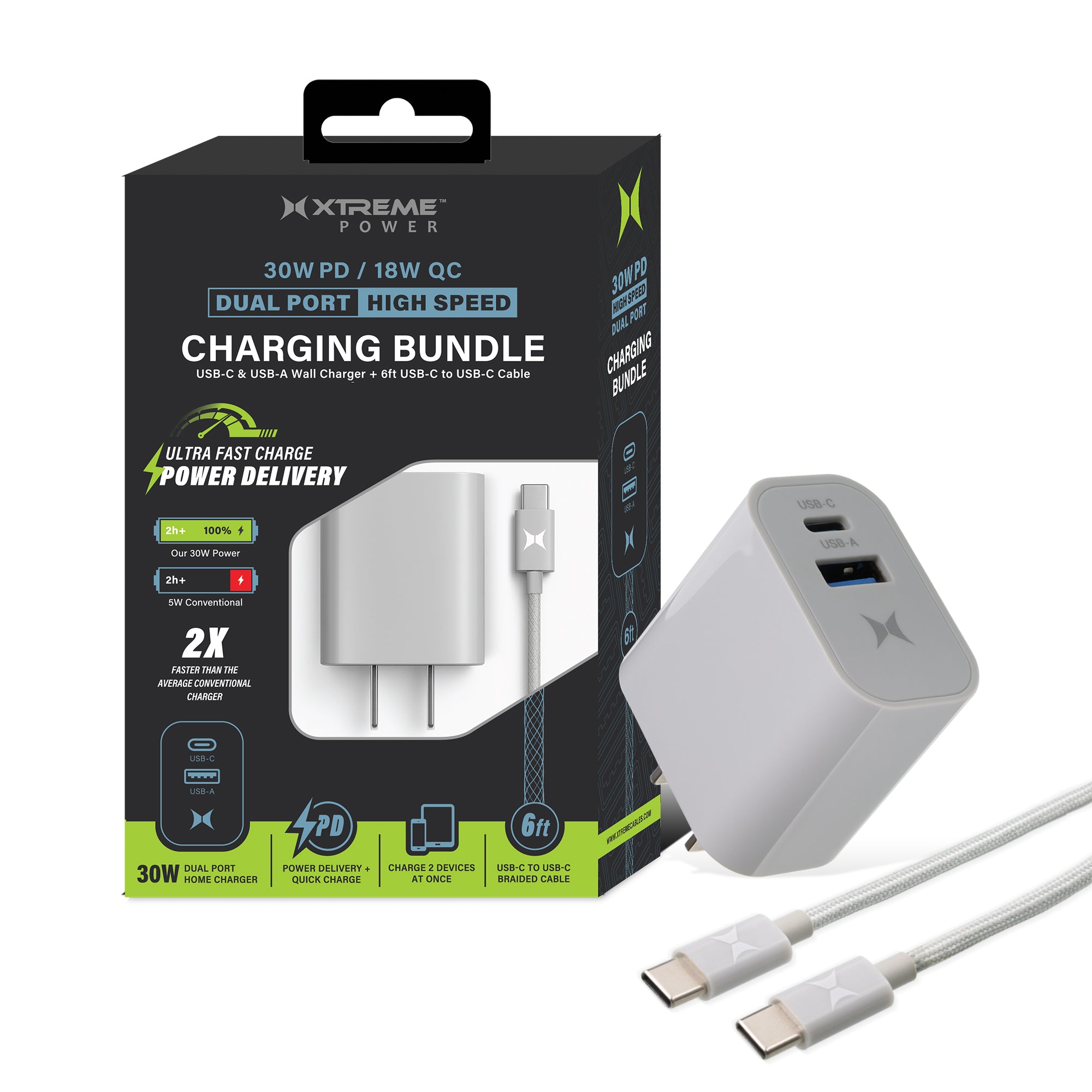 30W Dual Port Fast Charging Bundle, 30W Power Delivery USB-C & 18W Quick Charge USB-A Wall Charger Adapter Block with 6ft USB-C to USB-C Braided Cable