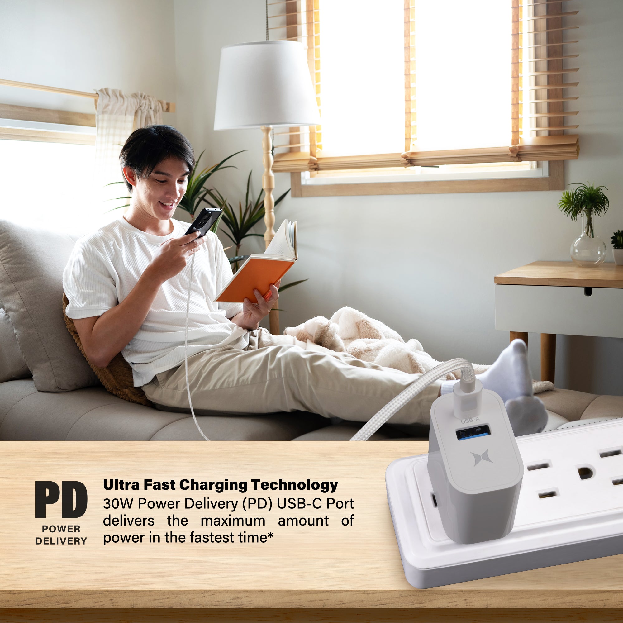 30W Dual Port Fast Charging Bundle, 30W Power Delivery USB-C & 18W Quick Charge USB-A Wall Charger Adapter Block with 6ft USB-C to USB-C Braided Cable