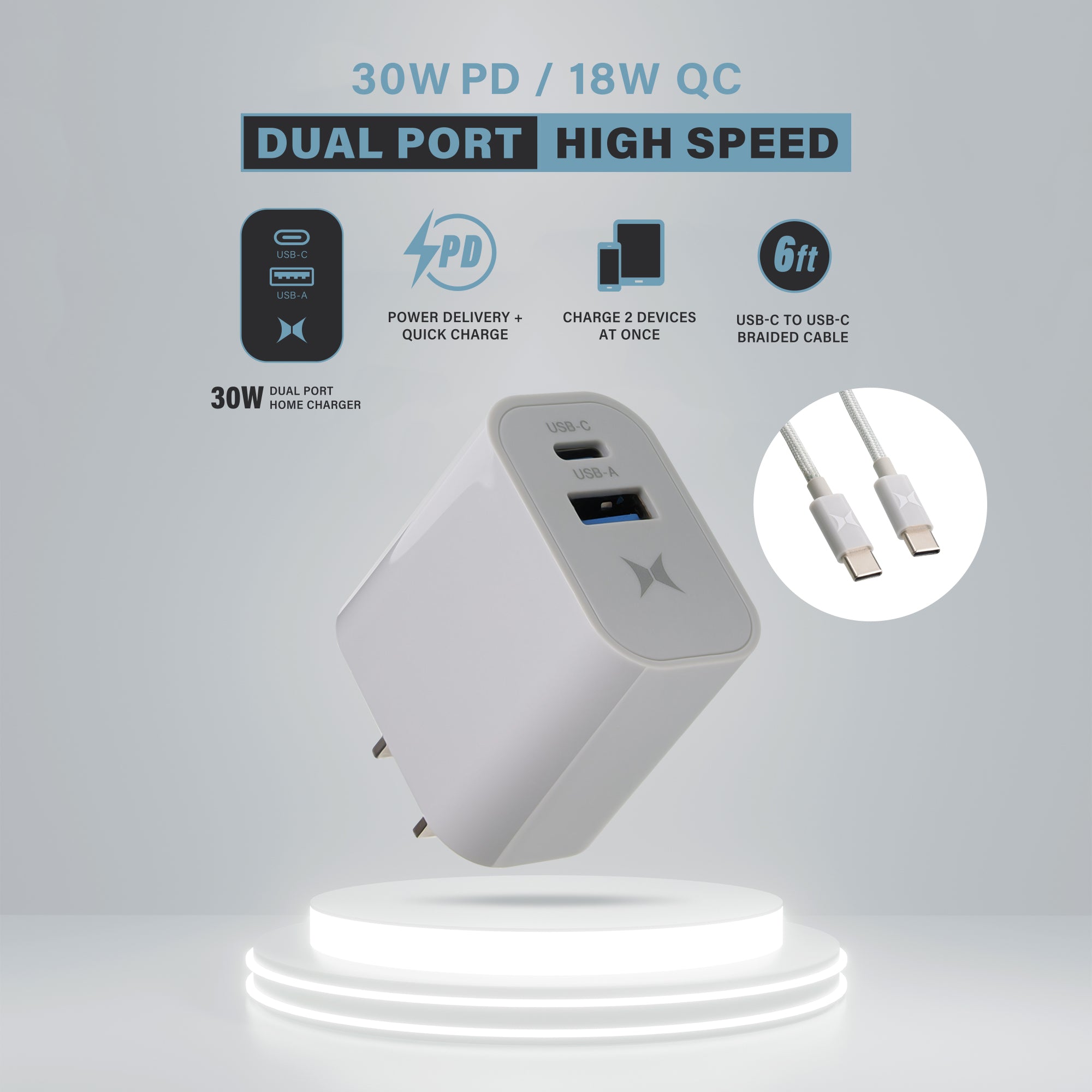 30W Dual Port Fast Charging Bundle, 30W Power Delivery USB-C & 18W Quick Charge USB-A Wall Charger Adapter Block with 6ft USB-C to USB-C Braided Cable