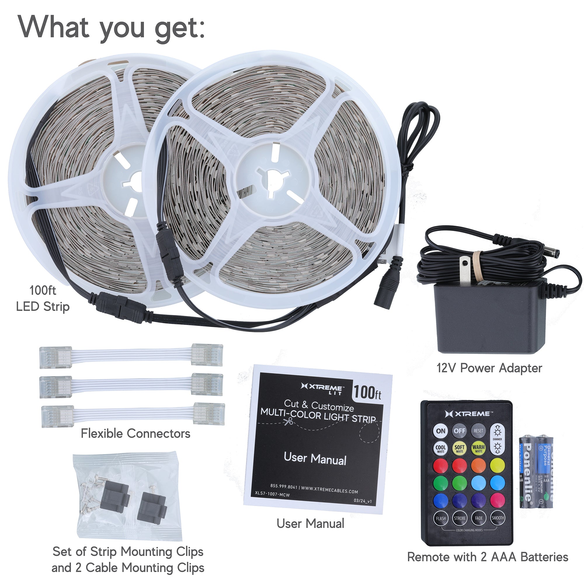 100ft Cut & Customize Indoor LED Light Strip Kit, Includes 3 Connectors, 900 LEDs, 4 Modes, Remote & 24V Adapter