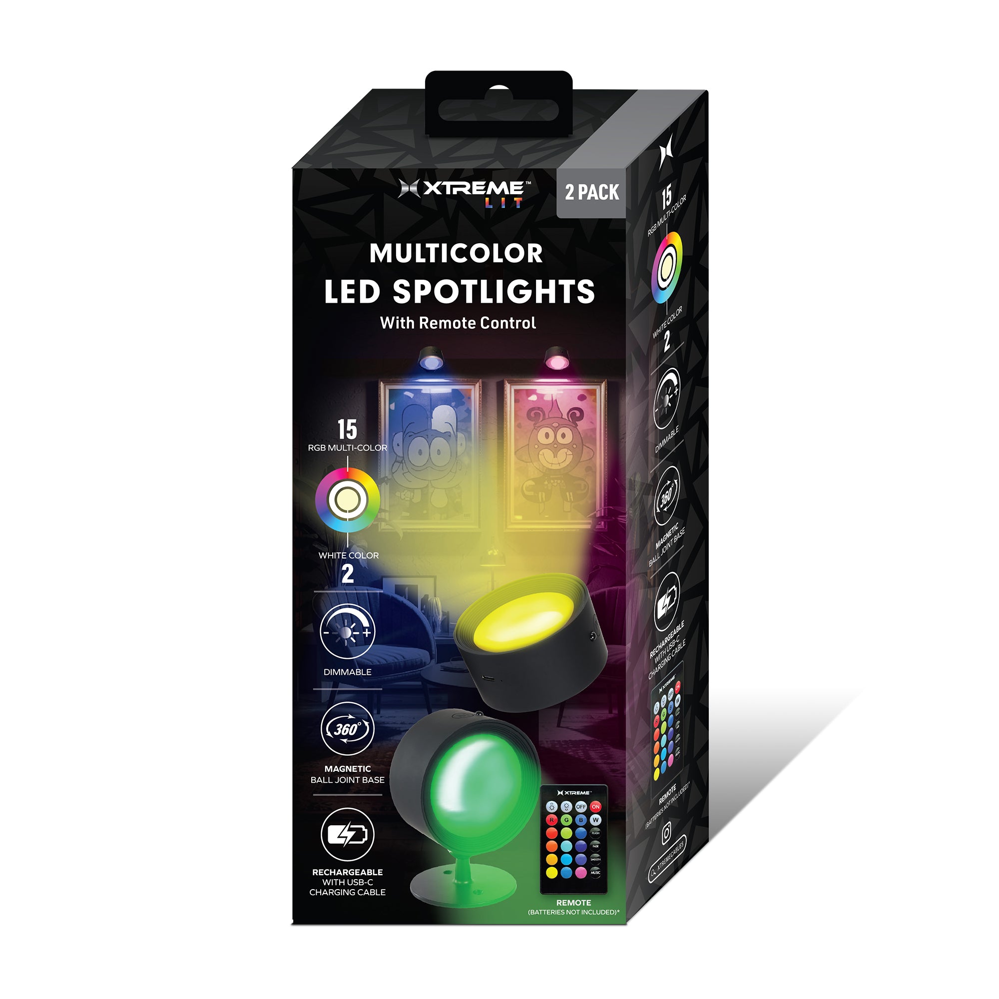 Multicolor LED Spotlights (2-Pack), Rechargeable Wireless Wall Sconces with Remote Control, 360° Magnetic Ball Joint Base, 15 RGB Colors & 2 White Modes, Dimmable Accent Lighting