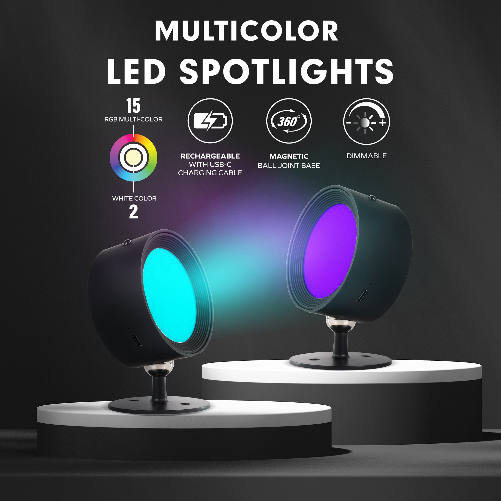 Multicolor LED Spotlights (2-Pack), Rechargeable Wireless Wall Sconces with Remote Control, 360° Magnetic Ball Joint Base, 15 RGB Colors & 2 White Modes, Dimmable Accent Lighting