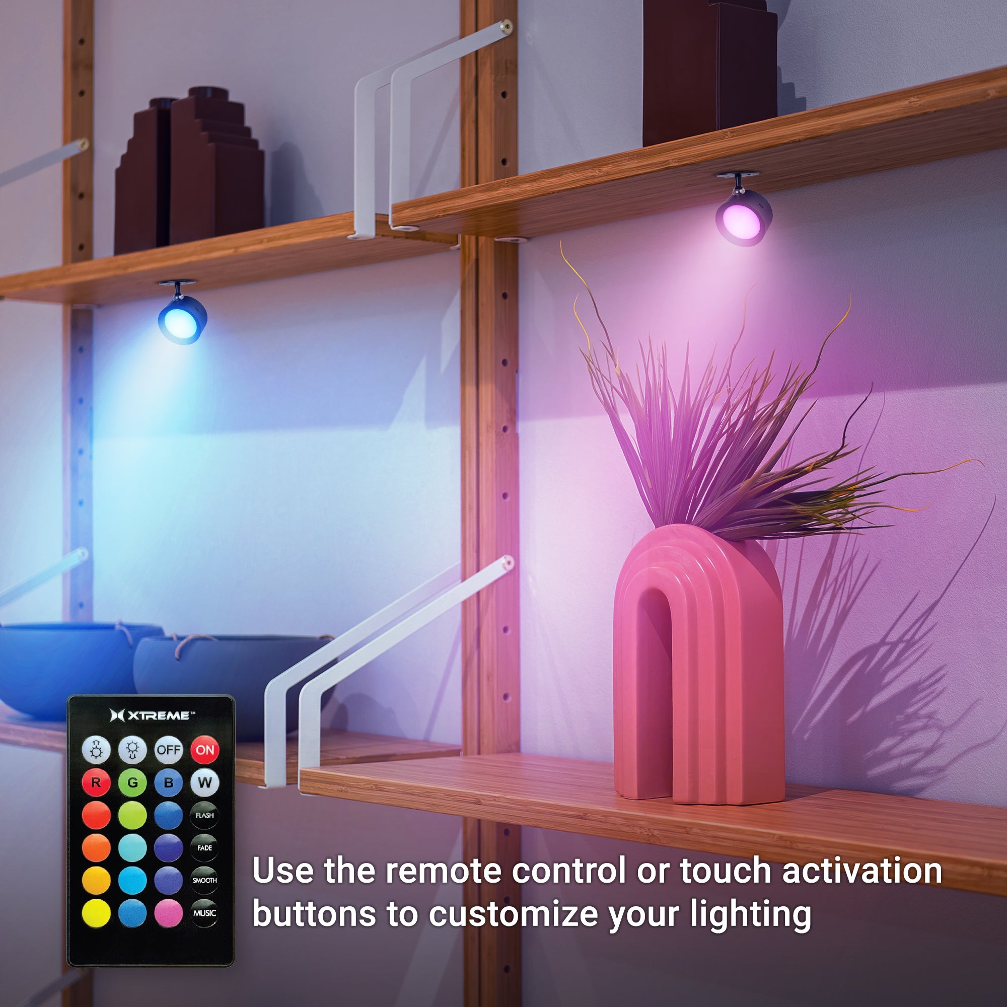 Multicolor LED Spotlights (2-Pack), Rechargeable Wireless Wall Sconces with Remote Control, 360° Magnetic Ball Joint Base, 15 RGB Colors & 2 White Modes, Dimmable Accent Lighting