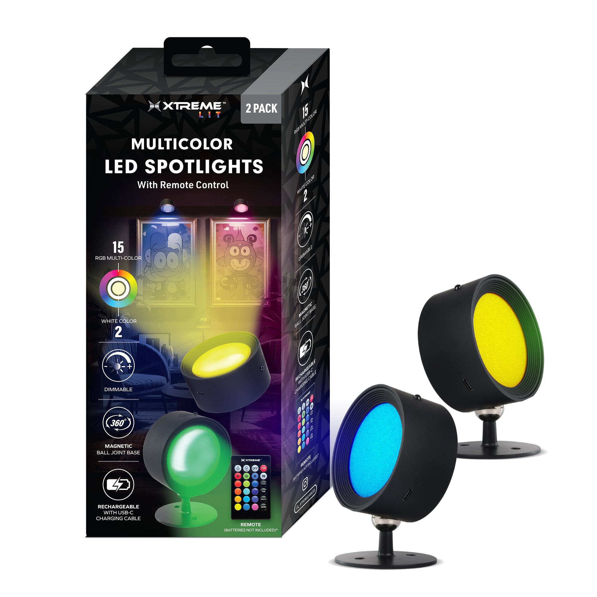 Multicolor LED Spotlights (2-Pack), Rechargeable Wireless Wall Sconces with Remote Control, 360° Magnetic Ball Joint Base, 15 RGB Colors & 2 White Modes, Dimmable Accent Lighting