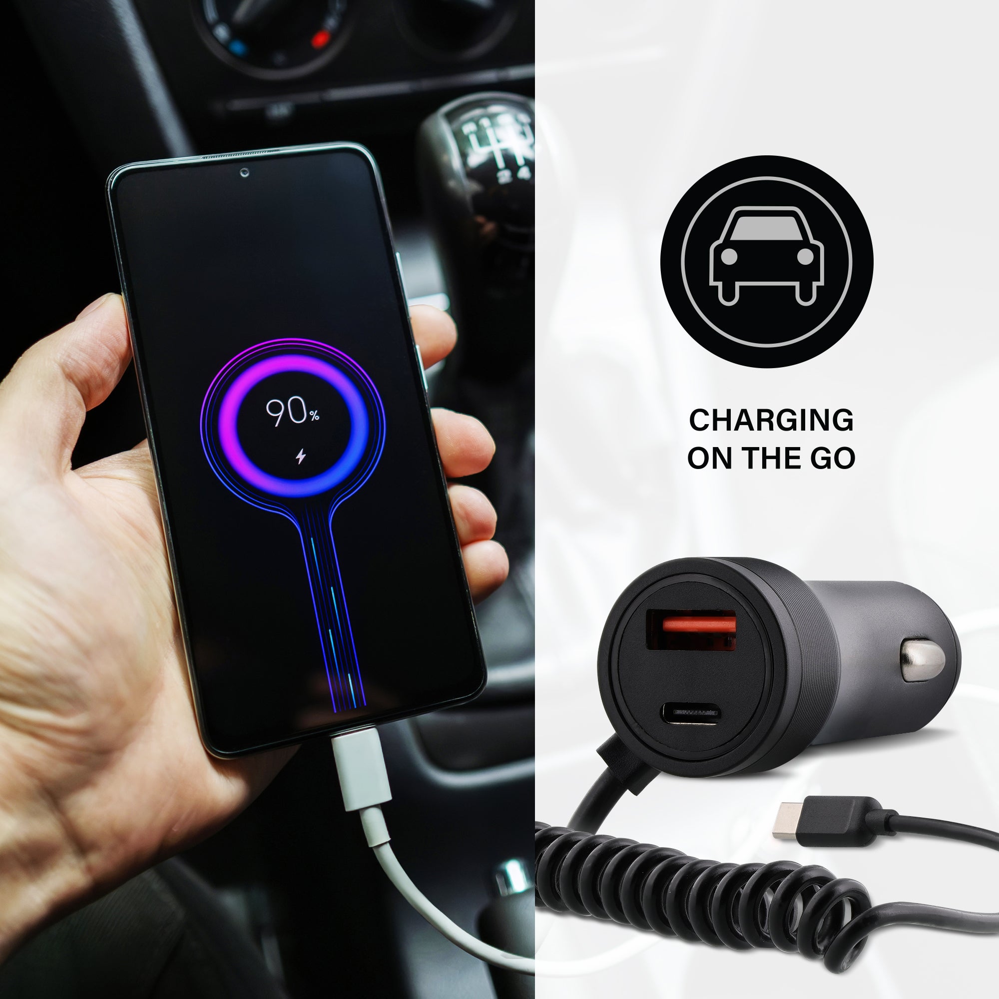Xtreme Power Pro Series 60W Car Charger with Built-In 4ft Coiled USB-C Cable, 30W Power Delivery USB-C Port, and 18W Quick Charge USB-A Port