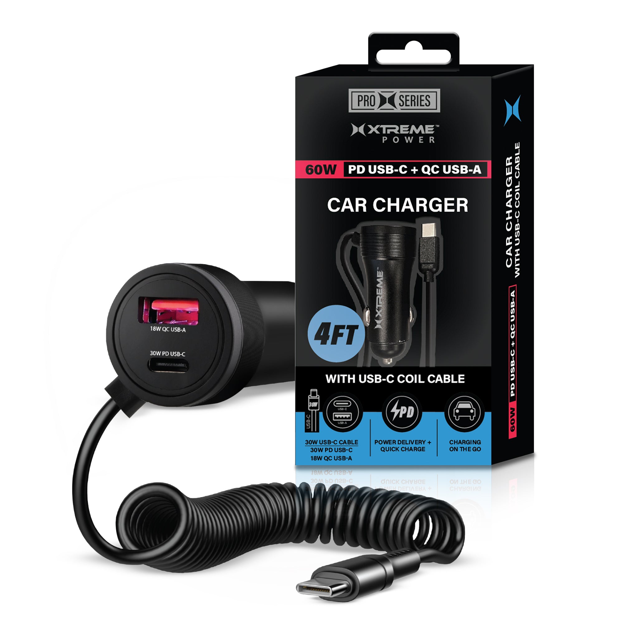 Xtreme Power Pro Series 60W Car Charger with Built-In 4ft Coiled USB-C Cable, 30W Power Delivery USB-C Port, and 18W Quick Charge USB-A Port