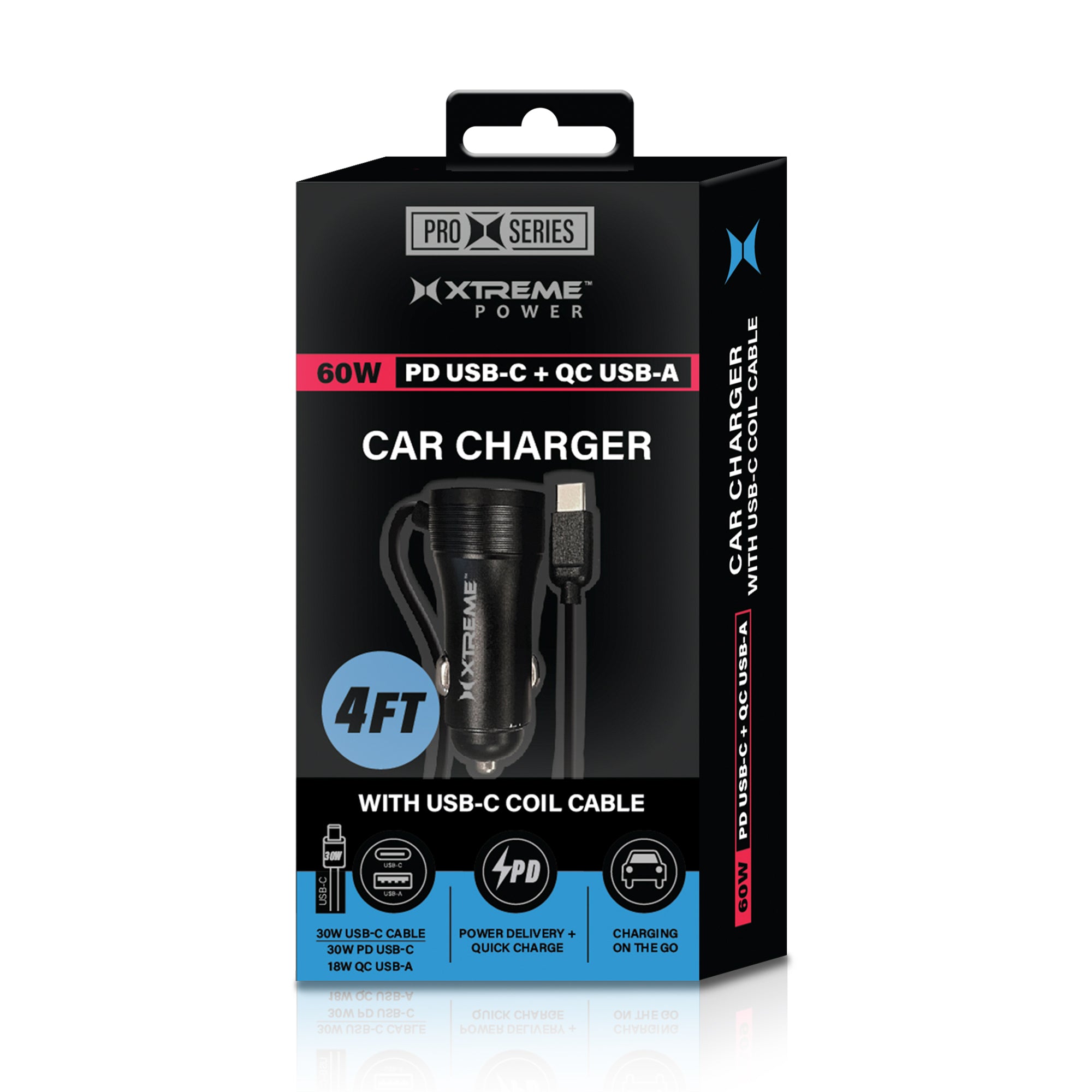 Xtreme Power Pro Series 60W Car Charger with Built-In 4ft Coiled USB-C Cable, 30W Power Delivery USB-C Port, and 18W Quick Charge USB-A Port