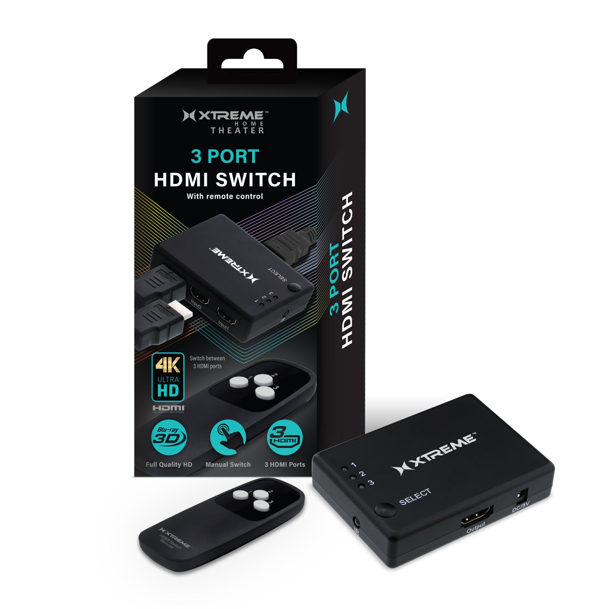 Xtreme HDMI 3 Port Switch Splitter (3-in-1): Manual 1080P Video Selector for Game Consoles, DVD Players, & TV. Prevents Cable Wear